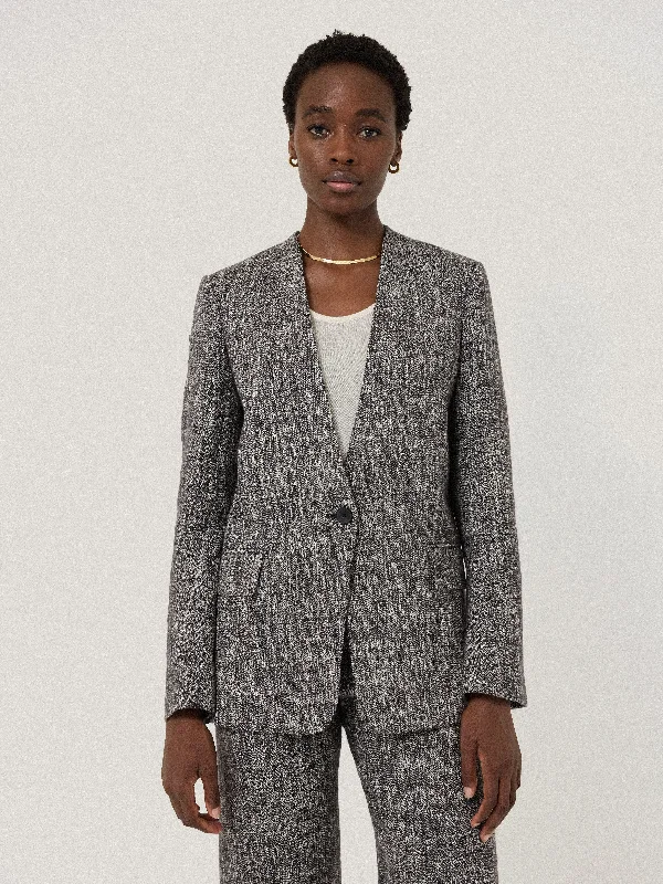 Collarless Boucle Jacket | Grey Denim Jacket Leather Jacket Suede Jacket