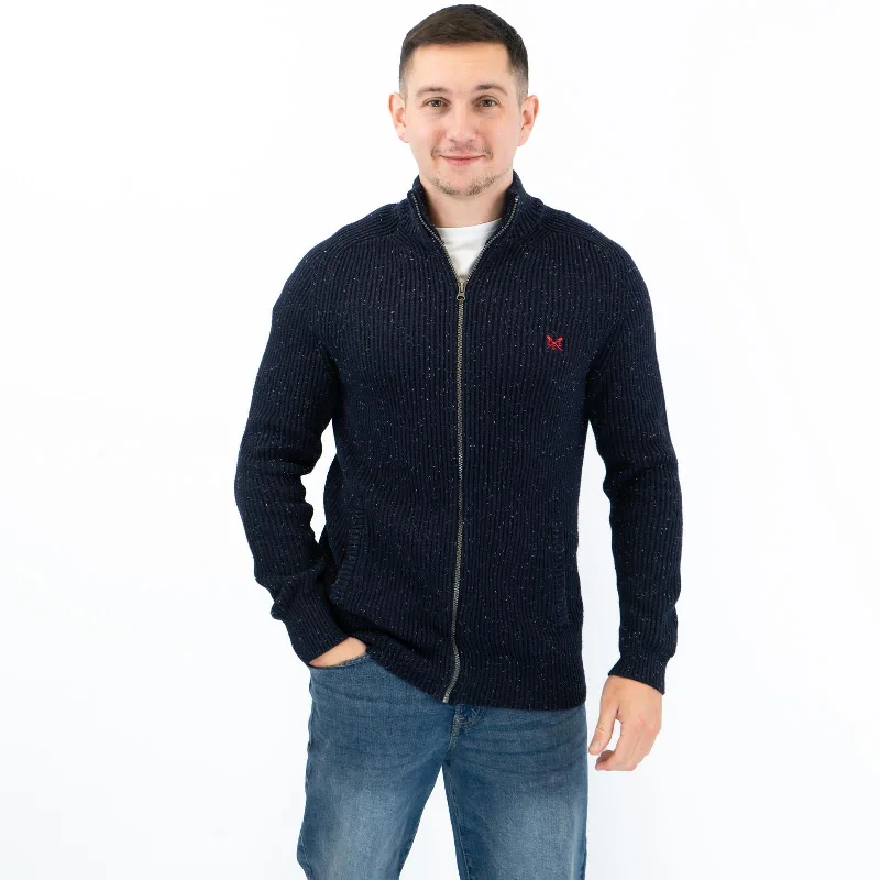 Crew Clothing Mens Chunky Knit Jacket Zip Up Navy Flecks Stand-Up Collar Roll-Neck Collar Turtle Neck