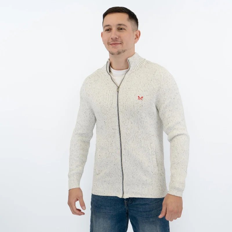 Crew Clothing Mens Chunky Knit Jacket White Flecks Insulated Jacket Fitted Jacket Loose Jacket