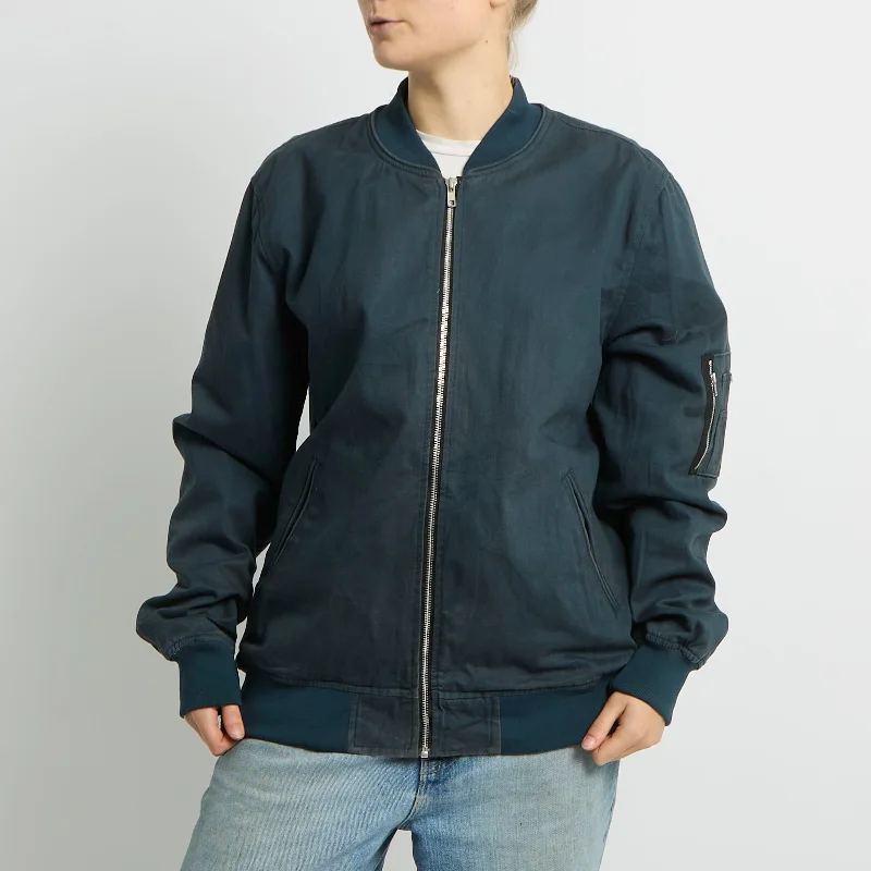Denim Bomber Jacket - 12 Zippered Front Buttoned Front Snap Front