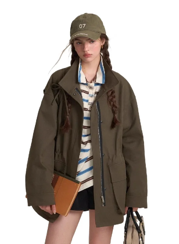 Drawstring Bow Double Zipper Field Jacket A-Line Jacket Boat Neck Shawl Collar
