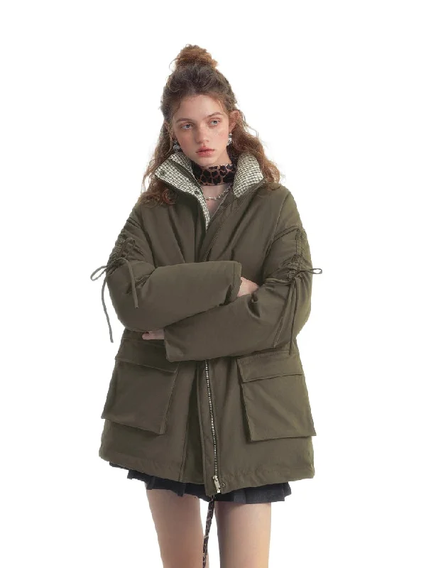 Drawstring Bow Outdoor Down Jacket Zippered Jacket Buttoned Jacket Snapped Jacket