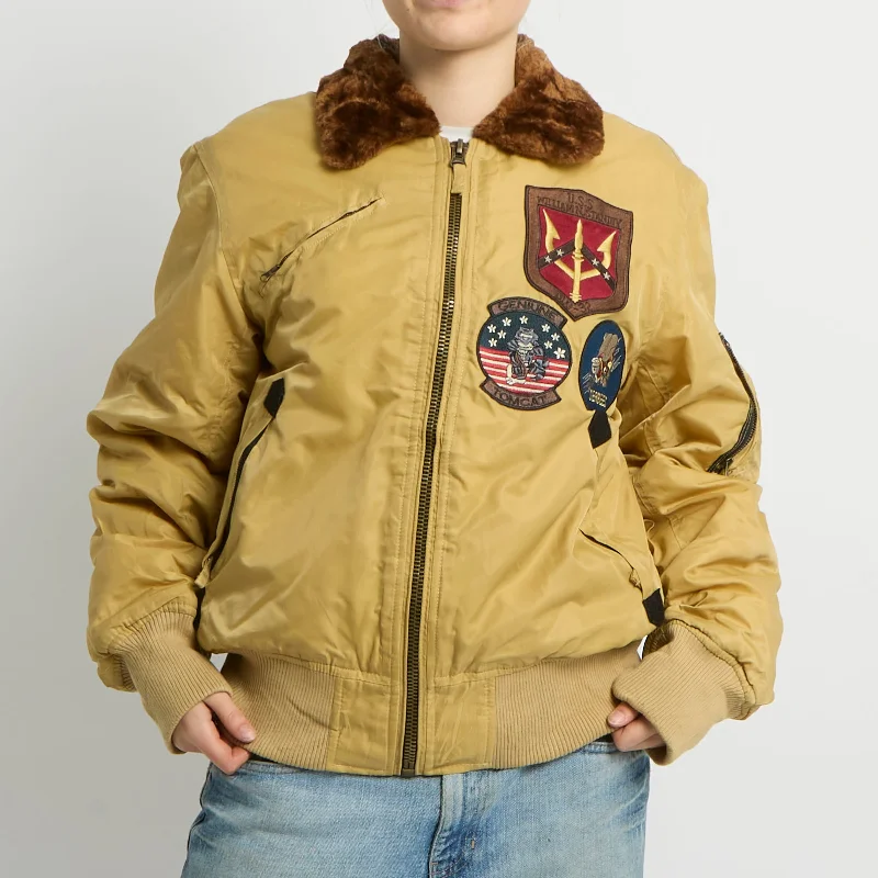 Fur Collar Badge Detail Bomber Jacket - UK 12 Tiered Jacket Buttoned Jacket Zippered Jacket