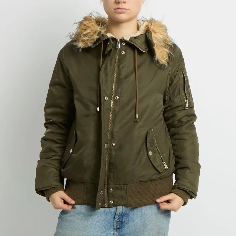 Fur Hood Detail Bomber Jacket - UK 10 Print Jacket Jacquard Jacket Embroidered Jacket