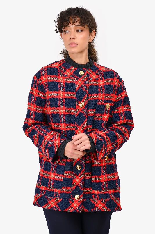 Gucci Navy/Red Wool Blended Checked Tweed Jacket Size 42 Belted Jacket Elasticated Jacket Padded Jacket