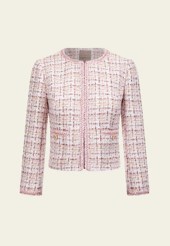 Lurex-trim Patch-pocket Tweed Jacket Boat Neck Shawl Collar Notched Collar