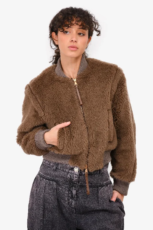 Max Mara Brown Alpaca/Virgin Wool Bomber Jacket Size 4 Boat Neck Shawl Collar Notched Collar