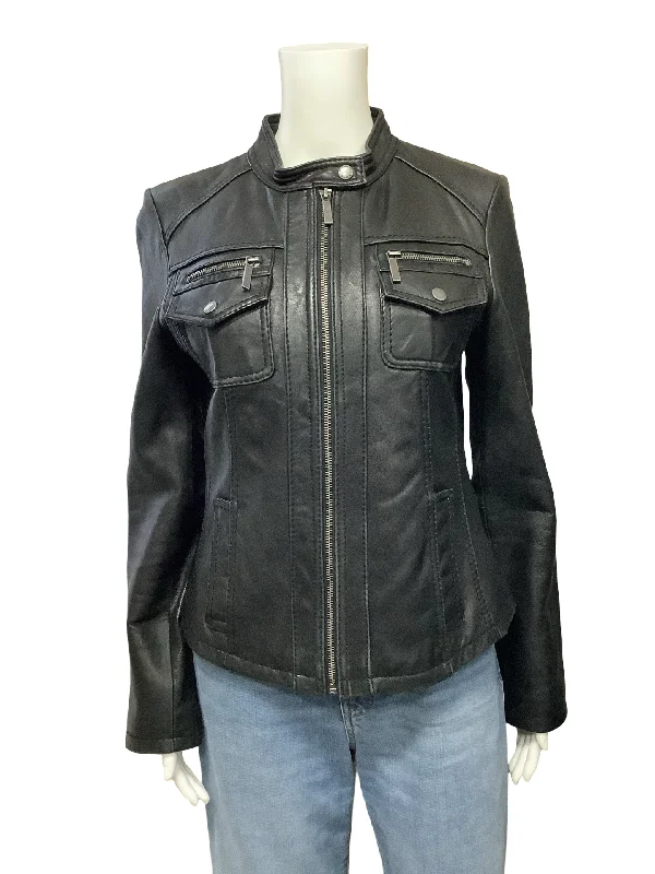 Michael Kors Leather Biker Jacket Black Size: M A-Line Jacket Boat Neck Shawl Collar