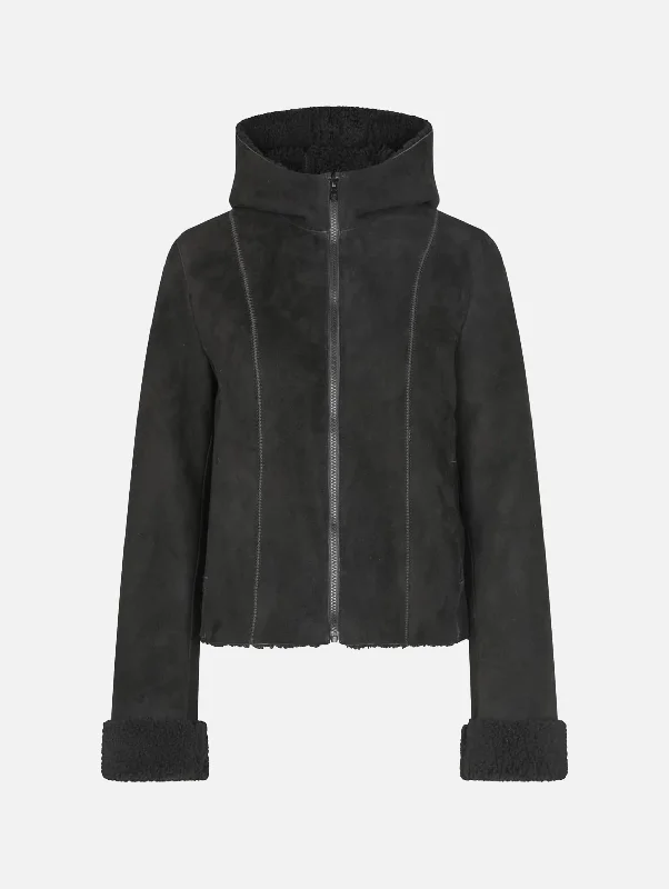 Milena Jacket in Black Shearling Knit Fabric Woven Fabric Fleece Fabric