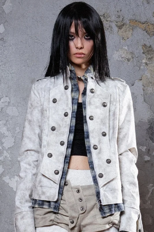 Military Frost Cropped Jacket Zippered Front Buttoned Front Snap Front