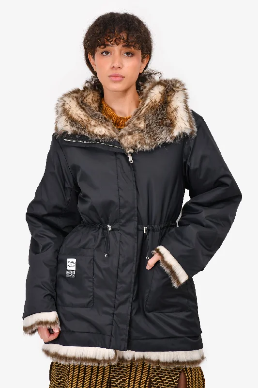 Moschino Jeans Reversible Black Faux Fur Lined Parka Jacket Size 2 US Belted Jacket Elasticated Jacket Padded Jacket