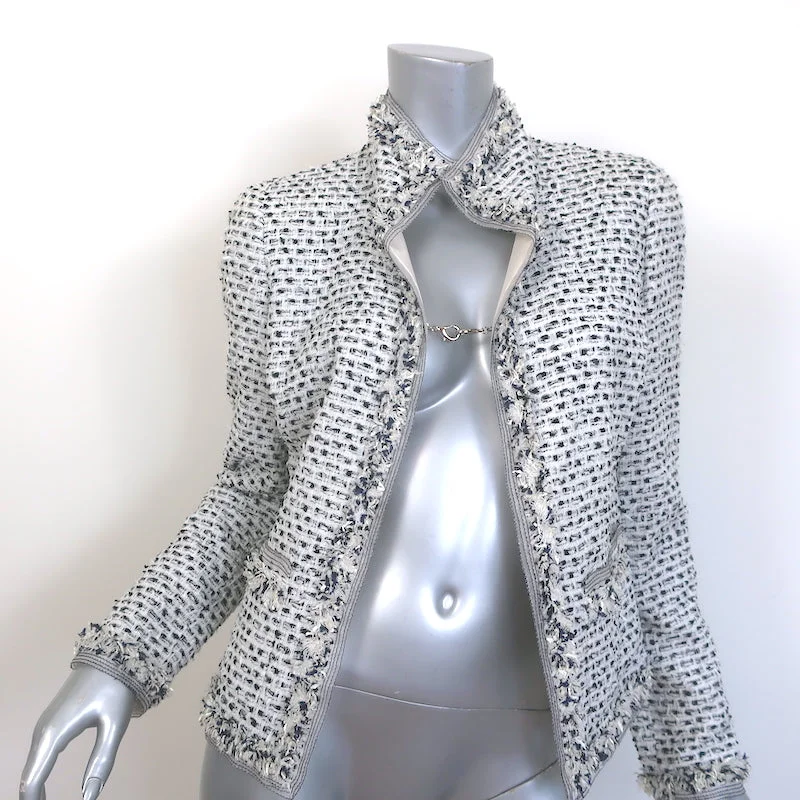 Oscar de la Renta Fringed Tweed Jacket White Cotton-Blend Size 4 NEW Nylon Jacket Polyester Jacket Spandex Jacket