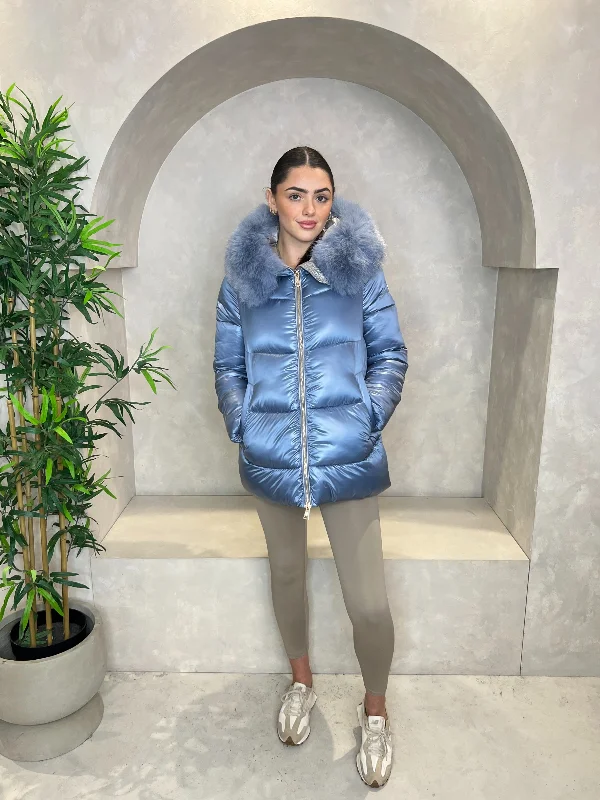 Powder Blue Faux Fur Hood Puffer Jacket Tiered Jacket Buttoned Jacket Zippered Jacket