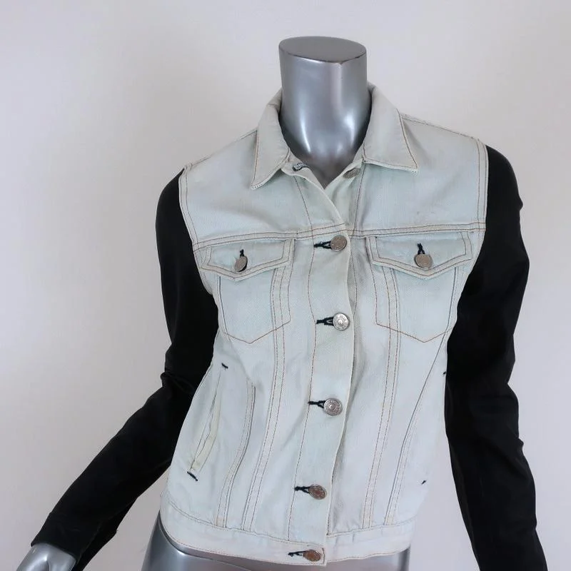 Rag & Bone/JEAN Jean Jacket with Leather Sleeves Bleach Out/Black Size Small Snapped Jacket Toggled Jacket Drawstring Jacket Rag & Bone/JEAN Jean Jacket with Leather Sleeves Bleach Out/Black Size Small Snapped Jacket Toggled Jacket Drawstring Jacket