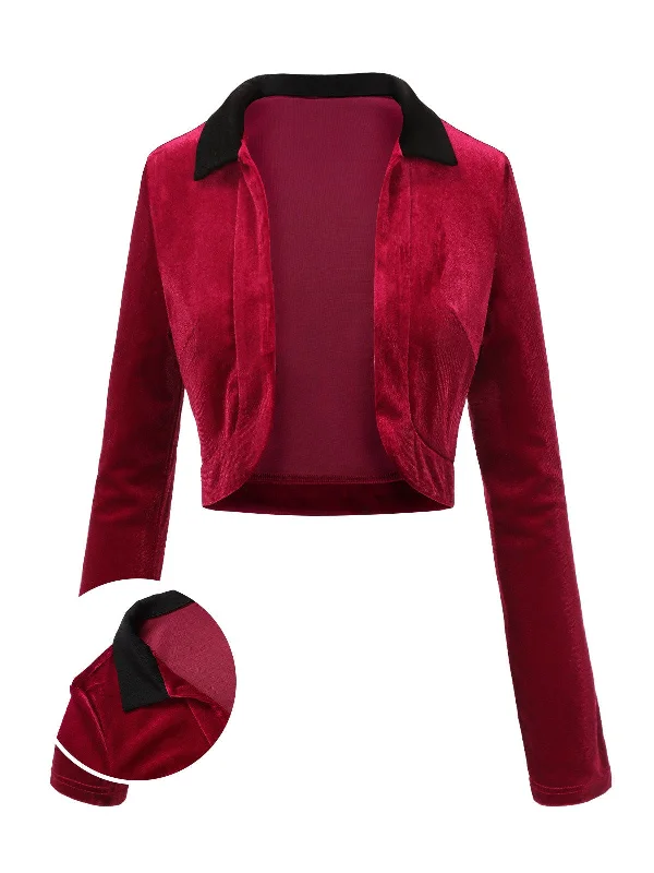 Red 1930s Contrast Lapel Velvet Bolero Jacket Hoodie Zip-Up Jacket Button-Up Jacket