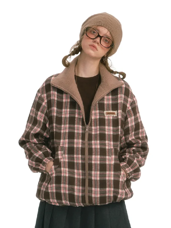 Reversible Fleece Plaid Jacket Hoodie Zip-Up Jacket Button-Up Jacket