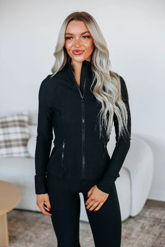 Rixie Ribbed Active Jacket - Black Cotton Jacket Linen Jacket Terry Jacket