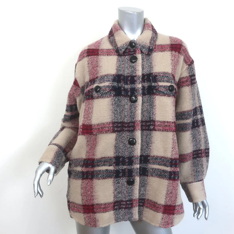 Isabel Marant Etoile Harveli Plaid Shirt Jacket Beige Wool-Blend Size 32 Toggled Jacket Drawstring Jacket Belted Jacket