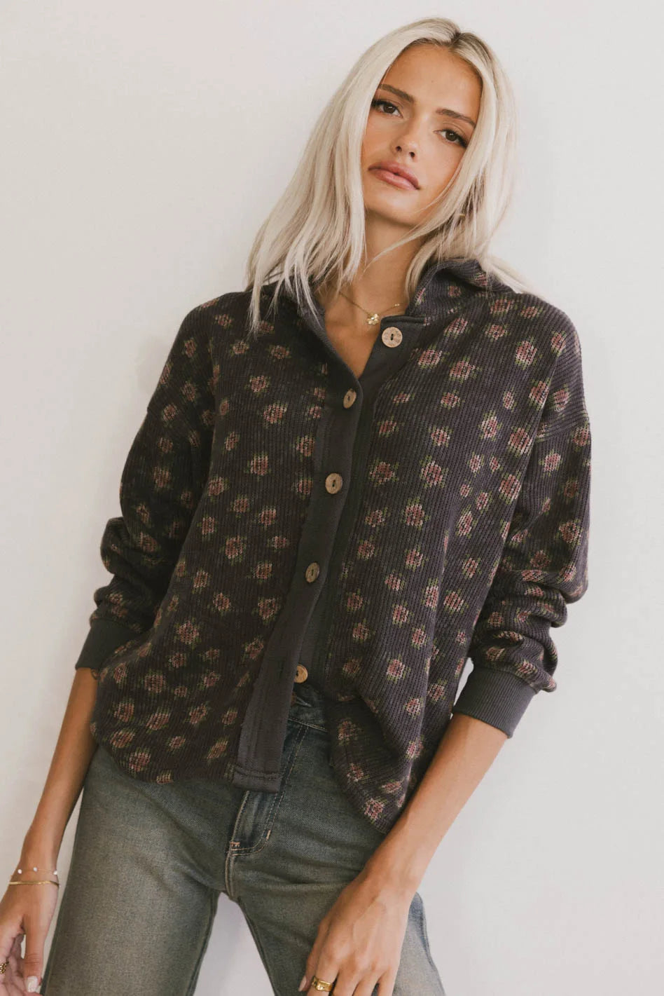 Tarah Knit Jacket in Charcoal A-Line Jacket Boat Neck Shawl Collar