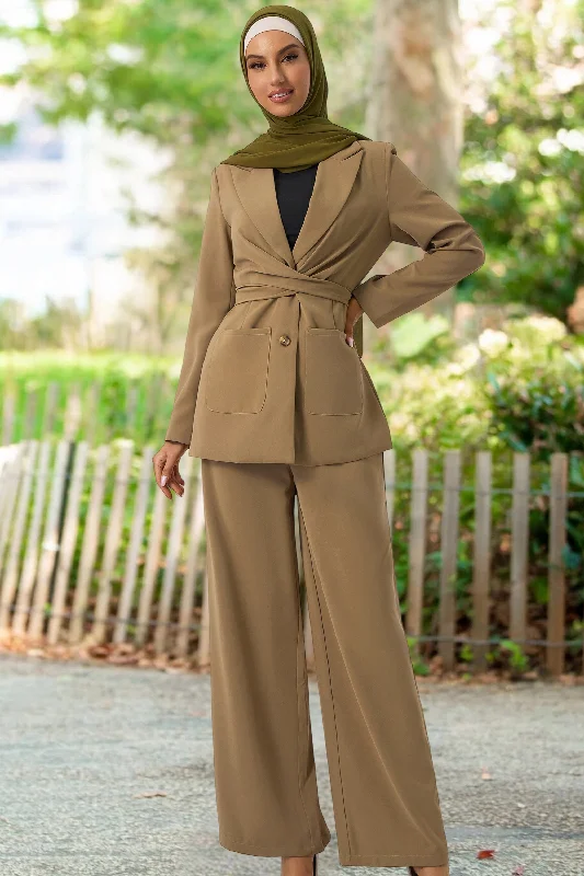 Taupe Jacket and Pants Suit Set Satin Fabric Silk Fabric Chiffon Fabric
