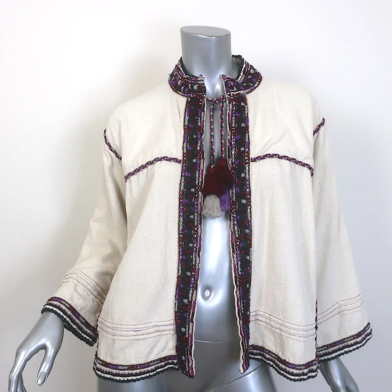 Ulla Johnson Tassel-Tie Jacket Cream Embroidered Raw Silk Size Medium Faux Fur Jacket Real Fur Jacket Shearling Jacket