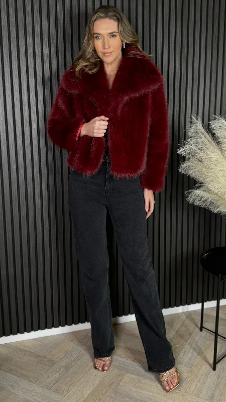 Valentina Dark Red Collared Fur Jacket Plaid Jacket Tartan Jacket Houndstooth Jacket