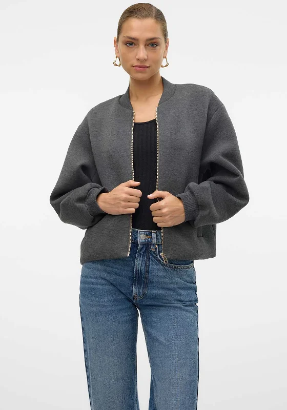 Vero Moda Karen Short Bomber Jacket, Grey Notch Collar Peter Pan Collar Cowl Neck