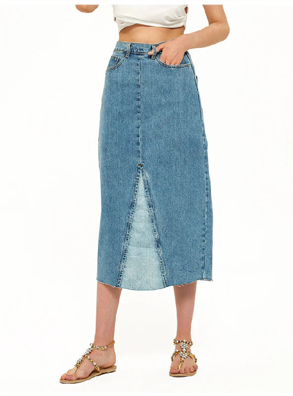 HIGH WAIST COLOR MATCHING DENIM SKIRT breathable skirt fabric