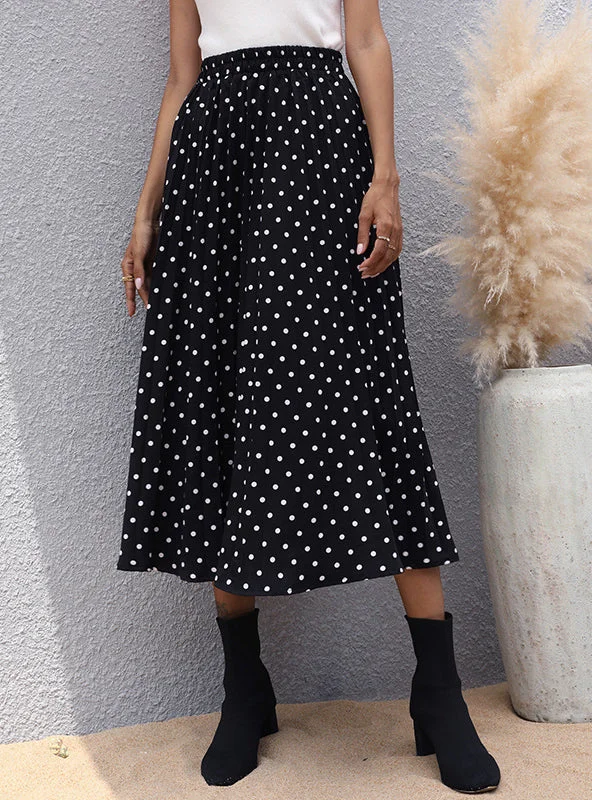 PLEATED POLKA-DOT ELASTIC WAIST SKIRT linen skirt relaxed