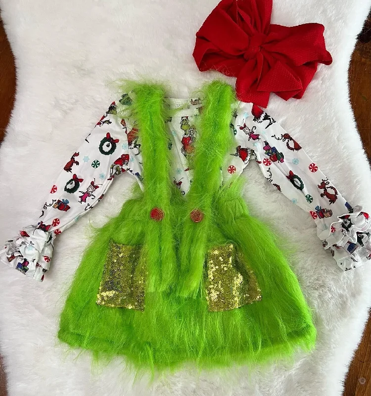 6 C11-39 Christmas Girls Sequin Green Skirt Outfits satin skirt smooth