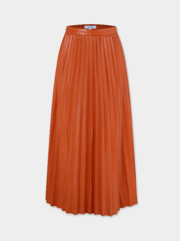 Accordion Pleated Faux Leather Skirt-Cognac velvet skirt plush