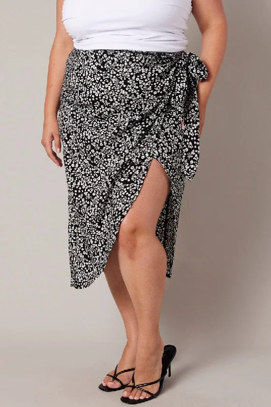 Black Ditsy Frill Wrap Midi Skirt leather skirt sleek