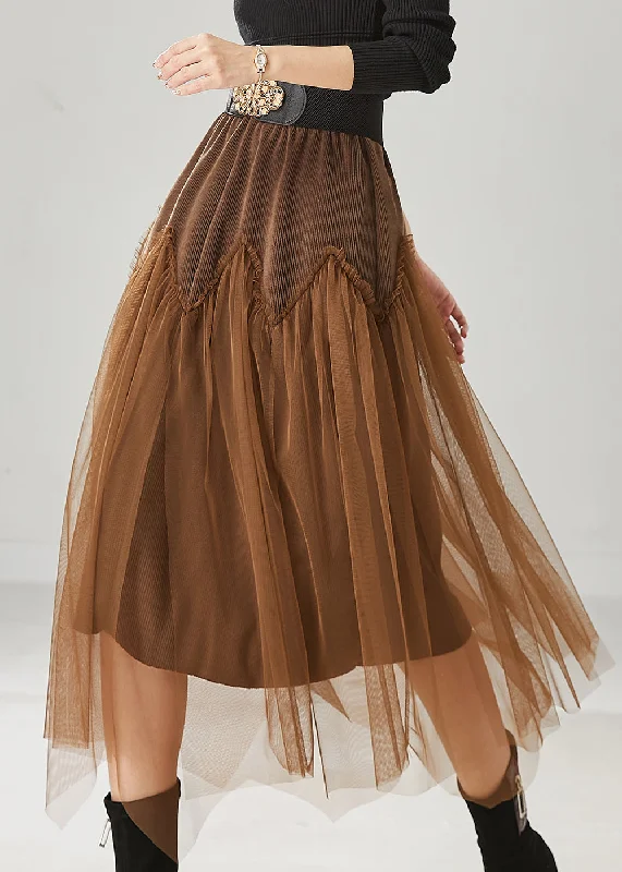 Brown Patchwork Tulle Corduroy Skirt Elastic Waist Spring velvet skirt glossy