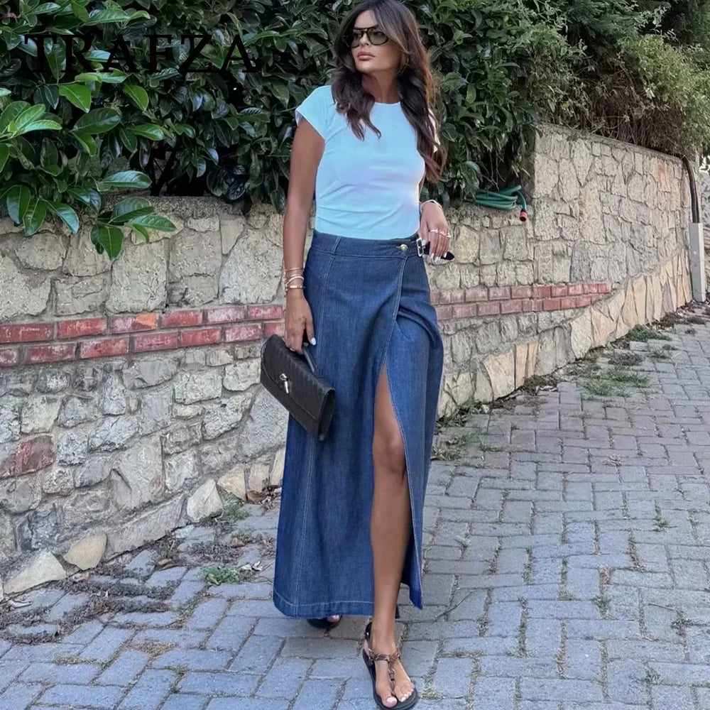 Casual Vintage Loose Denim Long Skirt with Elegant Sashes Bottom silk skirt lustrous