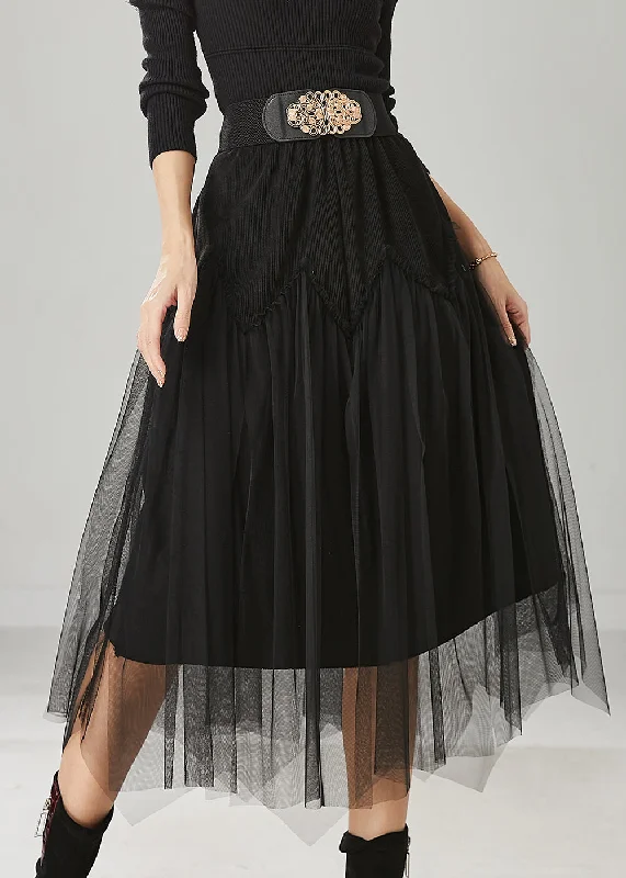 Chic Black High Waist Patchwork Tulle Corduroy Skirts Spring silk skirt smooth