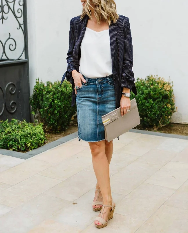 Connie Step Hem Denim Skirt In Blue modal blend skirt