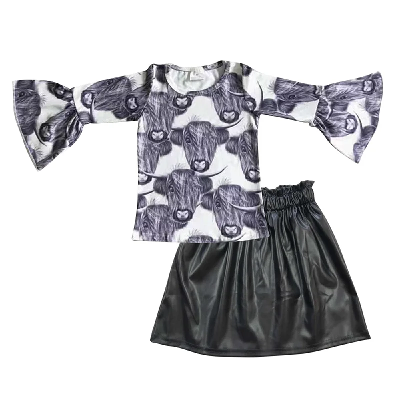 Cow print flare top black skirt kids set denim skirt fashionable