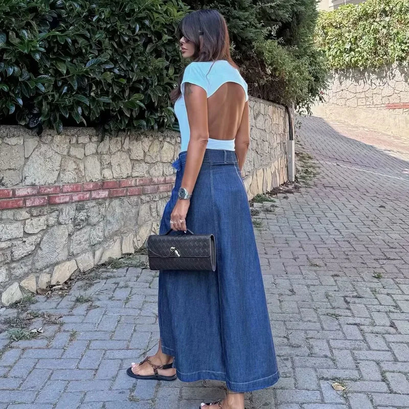 Denim Long Wrap Slit A-Line Style Elegant Holiday Skirt chiffon skirt airy