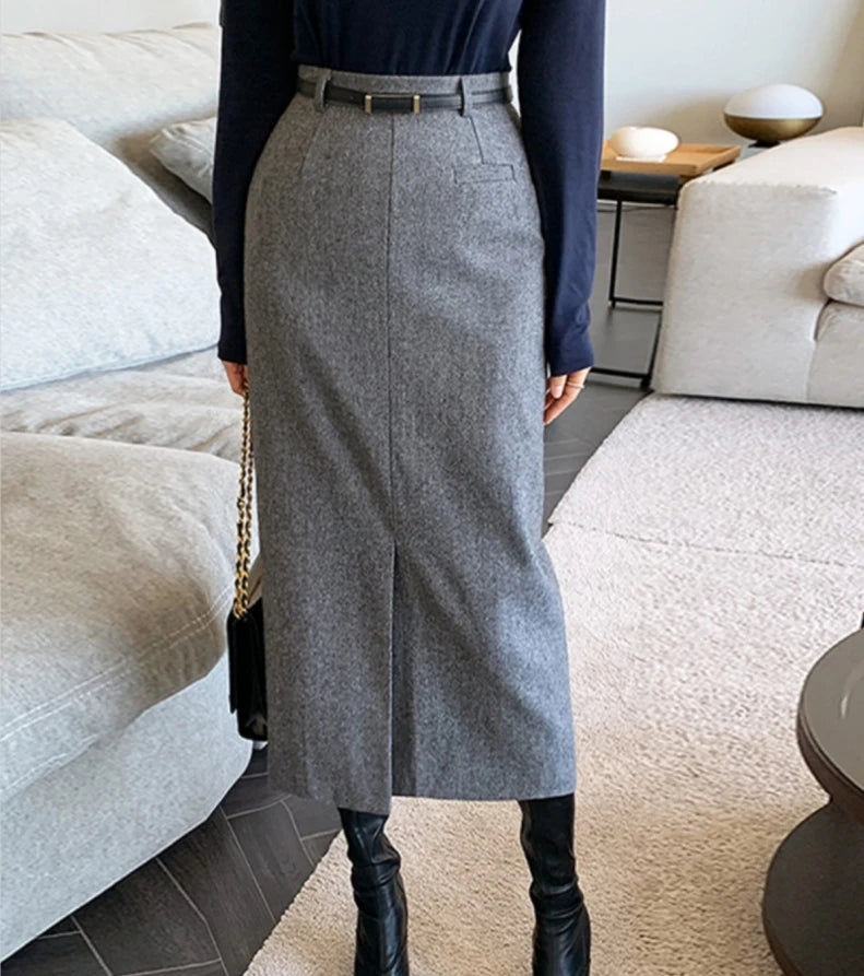 Elegant Striped Faux Wool Belted Casual High Waist A-Line Skirt seamless skirt comfort