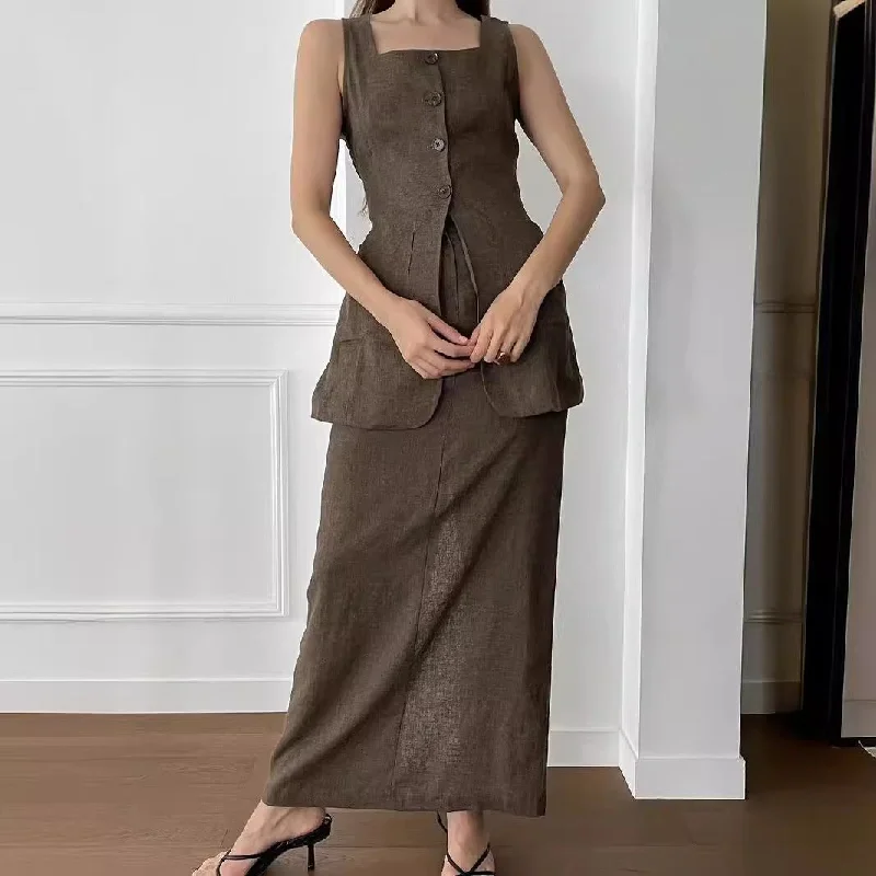 Fashion Simple Summer Professional Women’s Commuter Cotton Pocket Vest Long Skirt Two-Piece Set Suit ribbed skirt waist