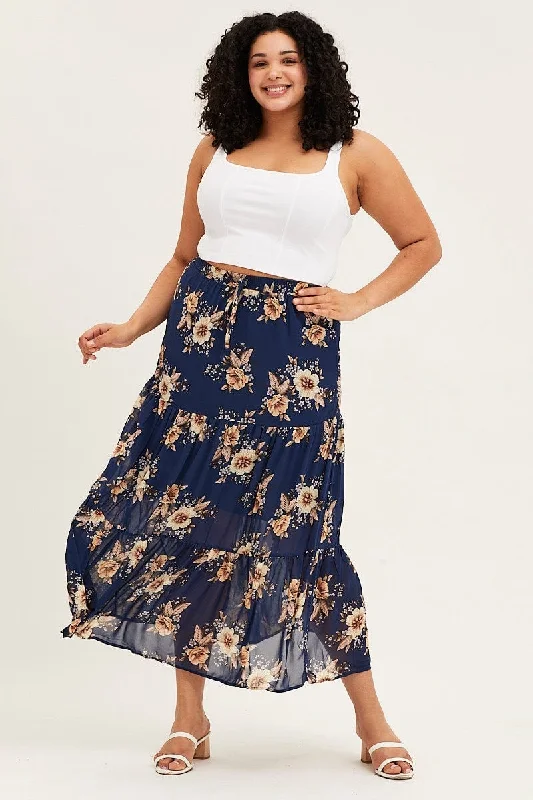 Floral Print Tiered Maxi Full Skirt linen skirt relaxed