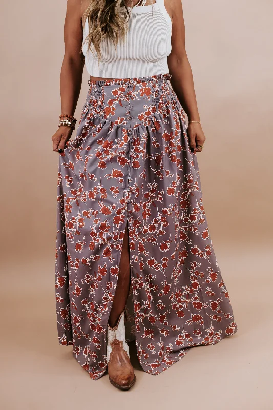 Floral Smock Waist Button Front Maxi Skirt corduroy skirt cozy