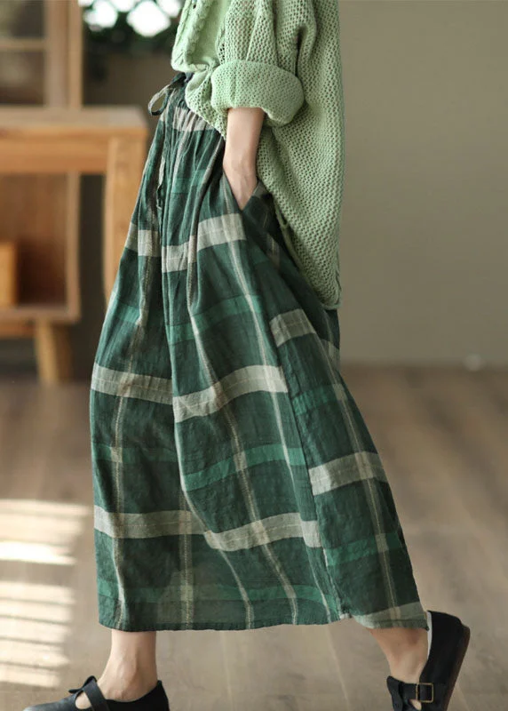 Green Pockets Plaid Print Linen Skirt Elastic Waist Spring chiffon skirt flowing