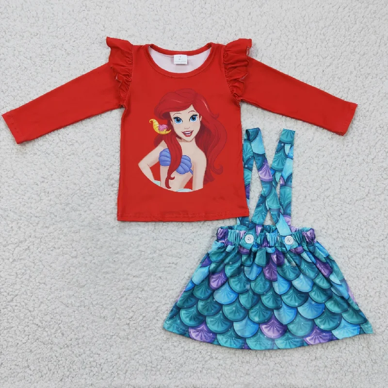 Kids girl red top skirt mermaid overall set seamless skirt comfort