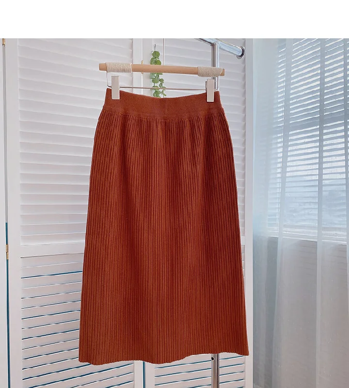 Korean casual solid color simple high waist split A-line skirt  5801 patchwork skirt art