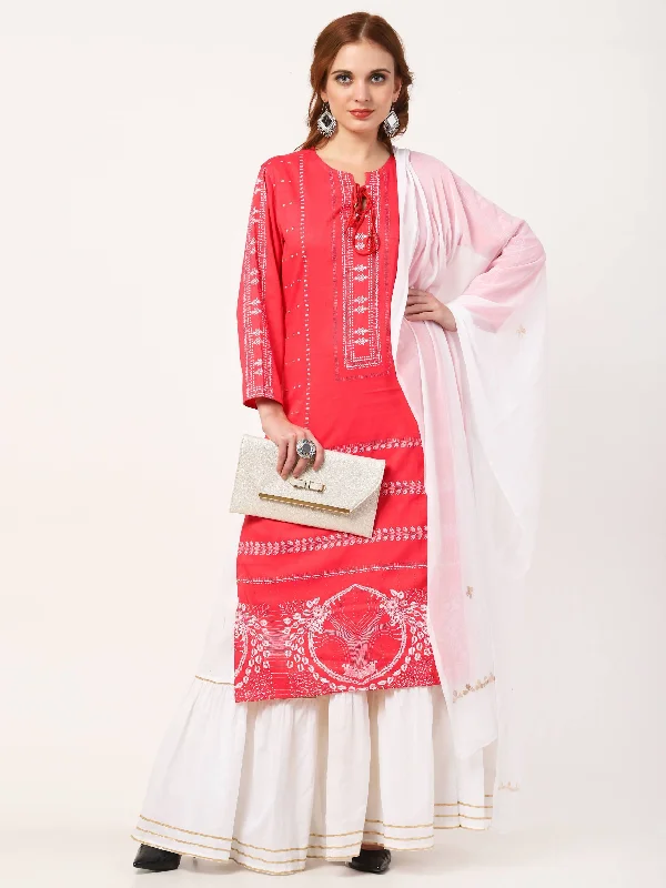 Women's Carrot Pink Viscose Rayon Kurta With Skirt & Embroidered Dupatta Set - Cheera corduroy skirt cozy