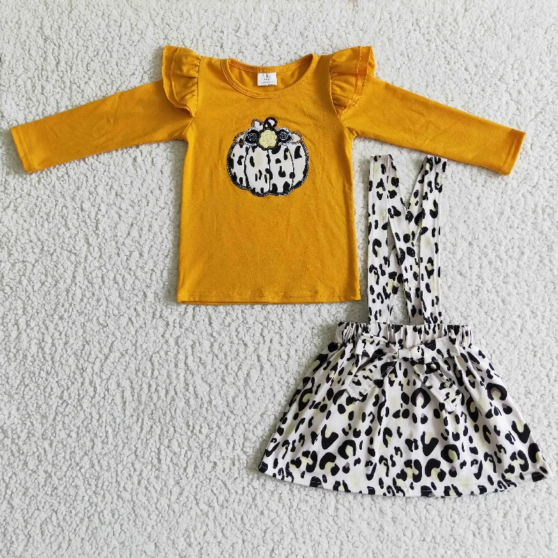 Leopard Pumpkin Embroidery Yellow Long Sleeve Suspender Skirt Outfit cotton skirt soft