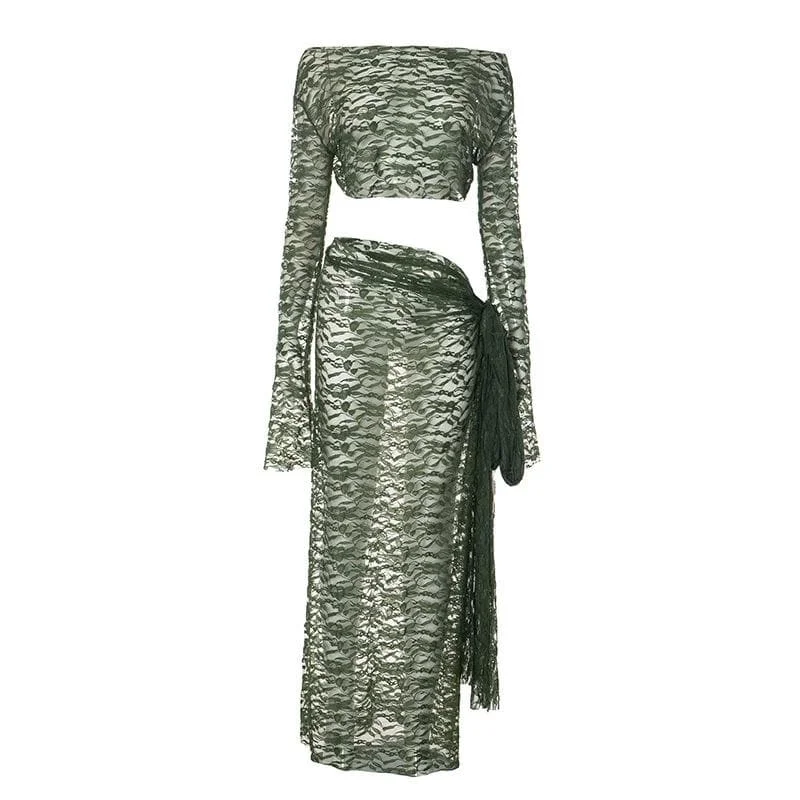 Long sleeve lace see through irregular maxi skirt set chiffon skirt airy
