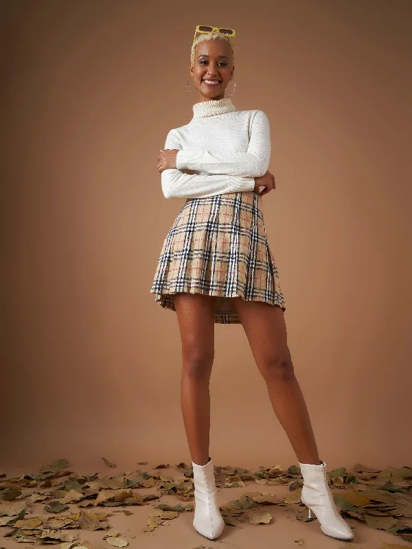 Lyush Women Beige Flannel Check Pleated Mini Skirt denim skirt casual