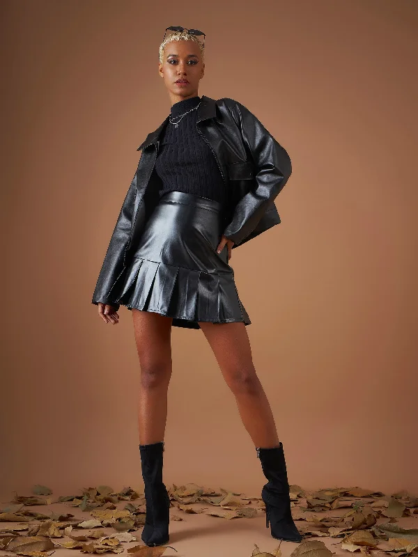Lyush Women Black PU Pleated Mini Skirt button skirt front